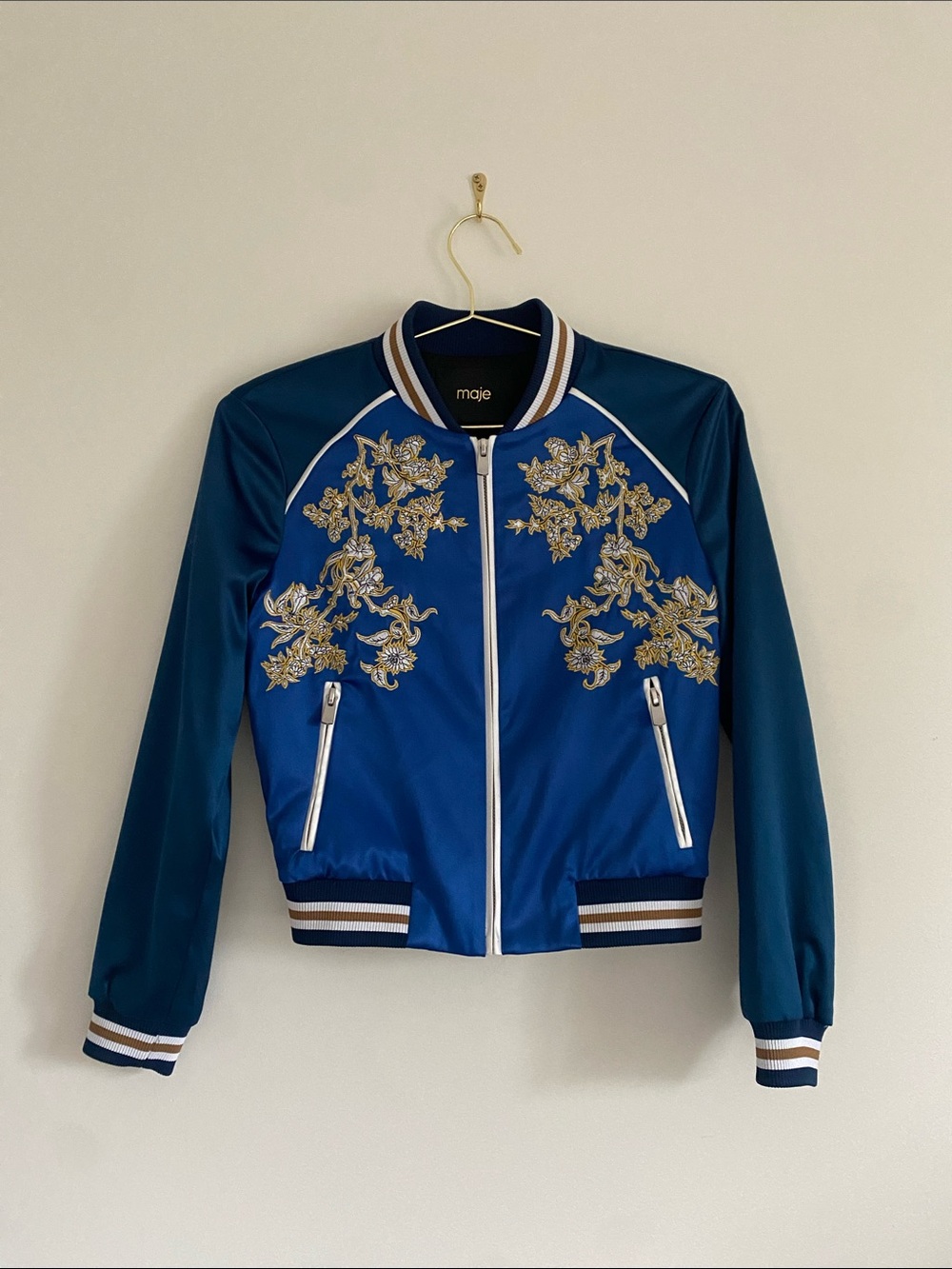 maje $638 Satin Bomber Embroidered